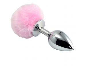 Duży srebrny korek analny z różowym pomponem 8 cm Lovetoy