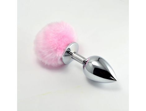 Srebrny korek analny Lovetoy z różowym pomponem 8 cm - 2
