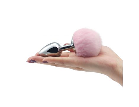 Srebrny korek analny Lovetoy z różowym pomponem 8 cm
