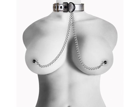 Srebrna obroża BDSM Lovetoy z zaciskami na sutki - 3