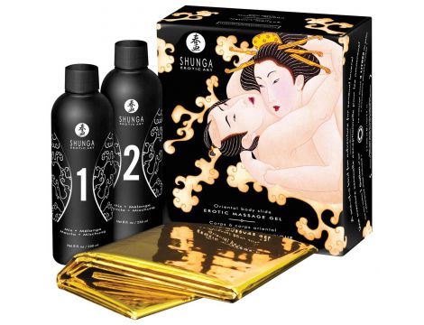 Zestaw żelu do masażu Shunga Melon Mango Oriental Body Slide z folią