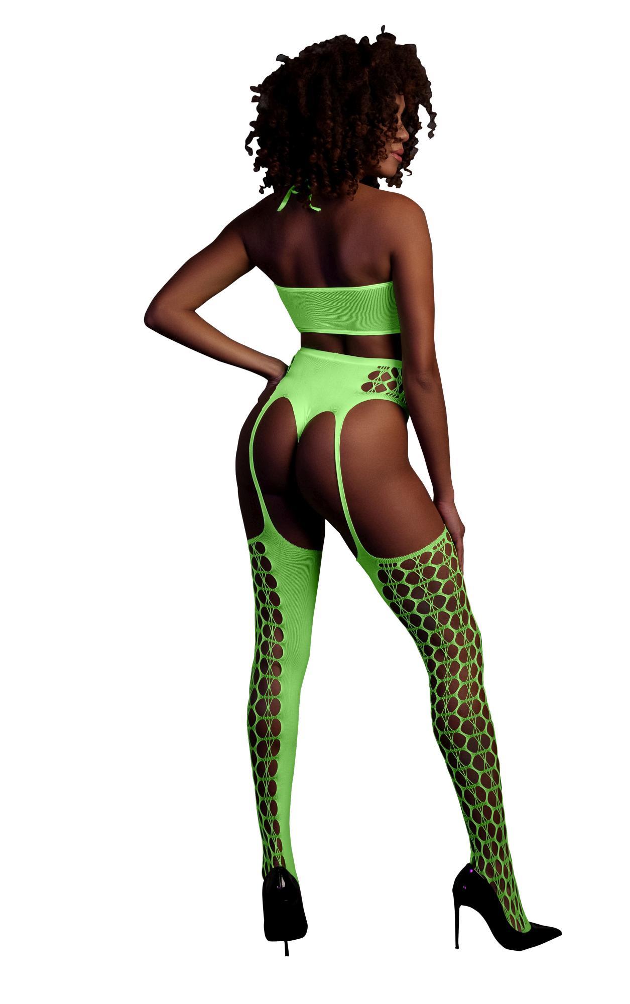 two piece with crop top and stockings - green - xs/xl