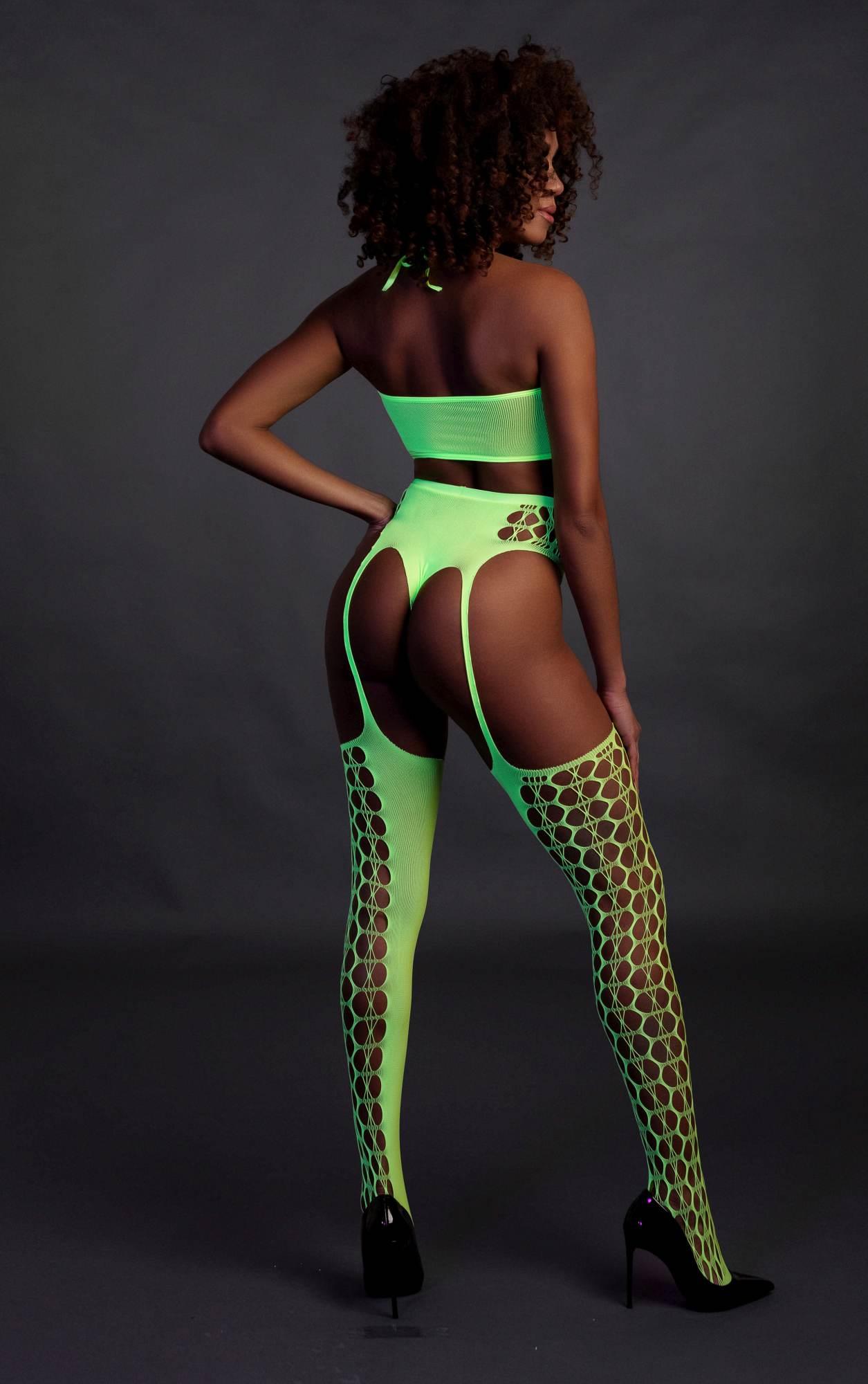 two piece with crop top and stockings - green - xs/xl