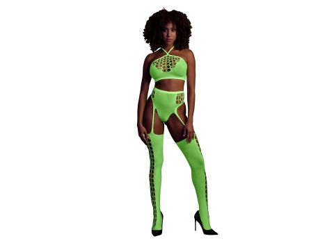 Komplet bielizny Ouch! neonowy zielony crop top pończochy XS/XL