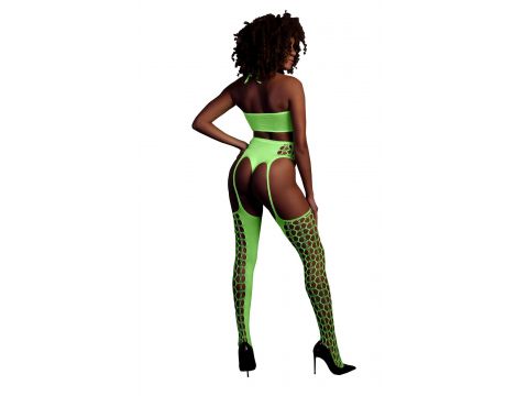 Komplet bielizny Ouch! neonowy zielony crop top pończochy XS/XL - 2