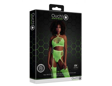 Komplet bielizny Ouch! neonowy zielony crop top pończochy XS/XL - 3