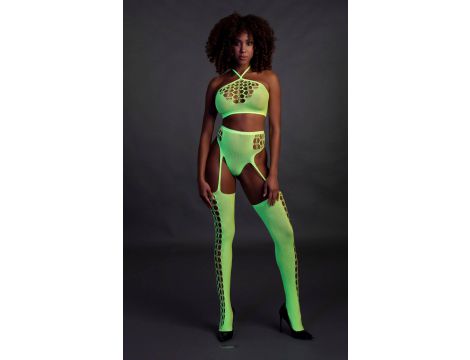 Komplet bielizny Ouch! neonowy zielony crop top pończochy XS/XL - 4