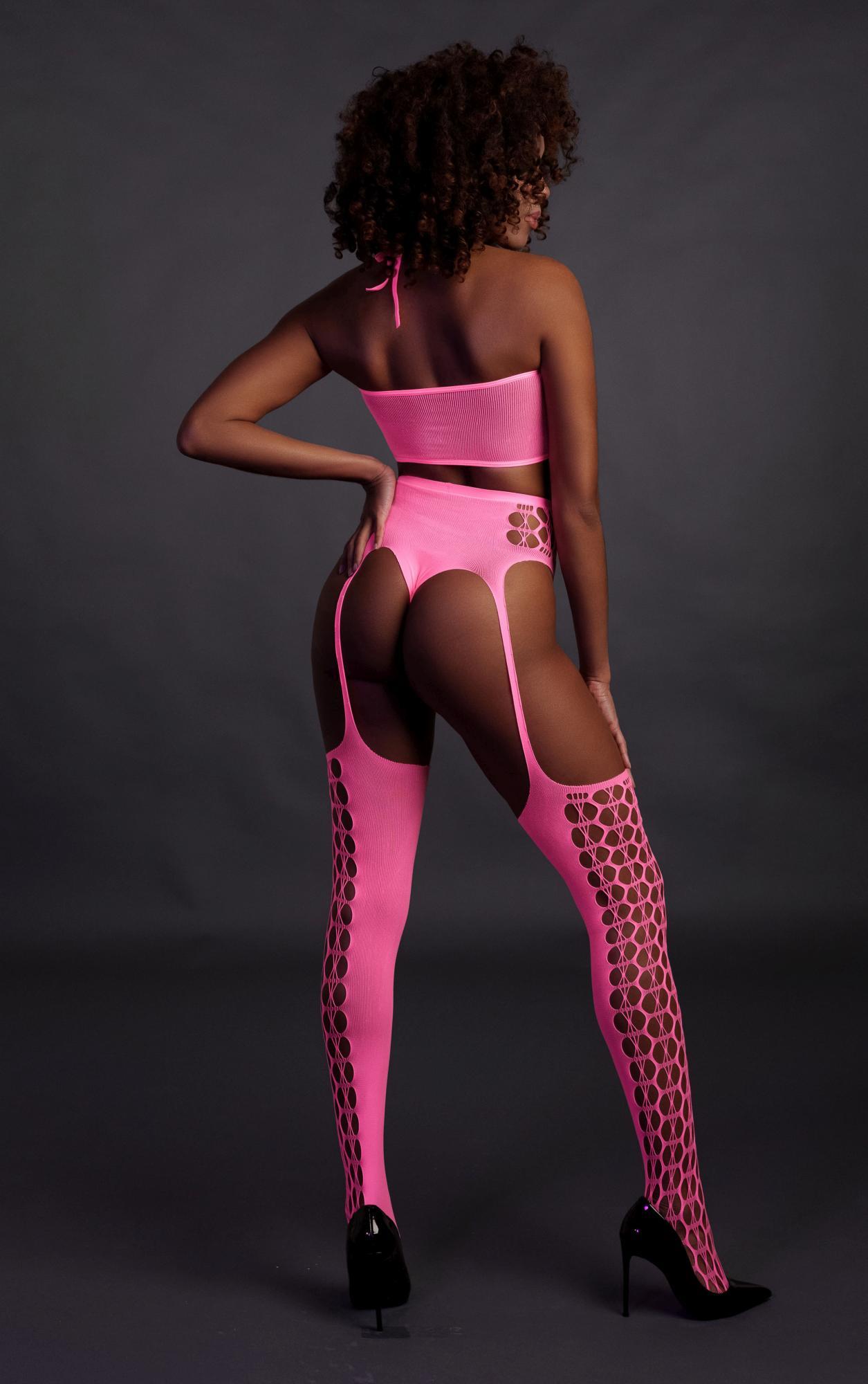 two piece with crop top and stockings - pink - xs/xl
