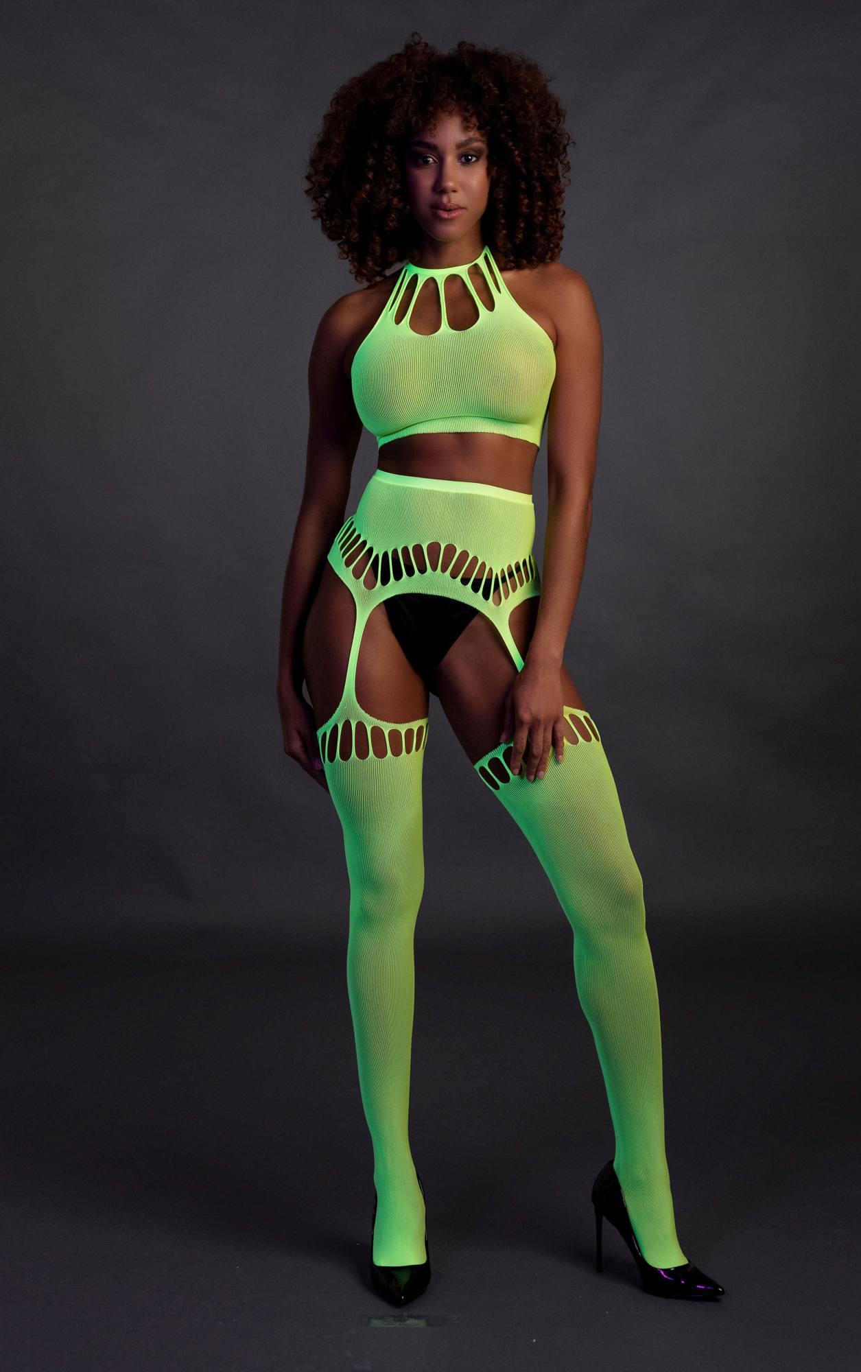 two piece with crop top and stockings - green - xs/xl