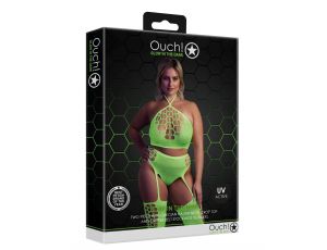 Ouch! Neonowy komplet bielizny crop top i pończochy XL/XXXXL