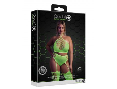 Ouch! Neonowy komplet bielizny crop top i pończochy XL/XXXXL