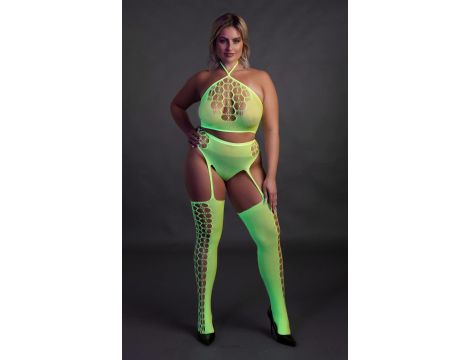 Ouch! Neonowy komplet bielizny crop top i pończochy XL/XXXXL - 7
