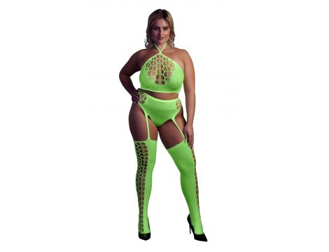 Ouch! Neonowy komplet bielizny crop top i pończochy XL/XXXXL - 5