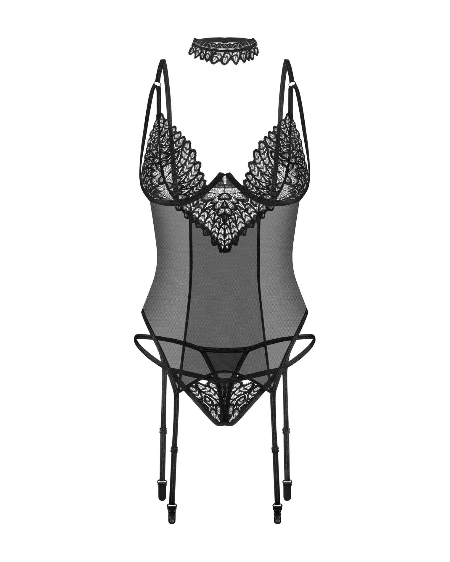 Koronkowy gorset Donarella z stringami i chokerem Obsessive czarny XL/2XL - 4