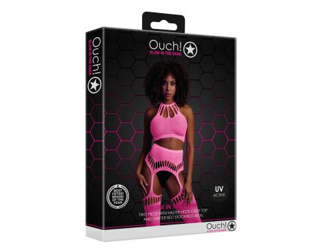 Komplet bielizny Ouch neonowy różowy z topem i pończochami XS/XL - 3
