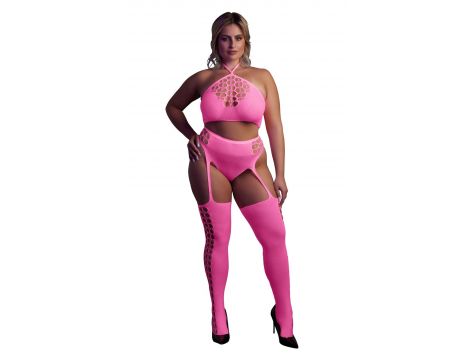 Komplet bielizny neonowej Ouch! z topem i pończochami XL XXXXL