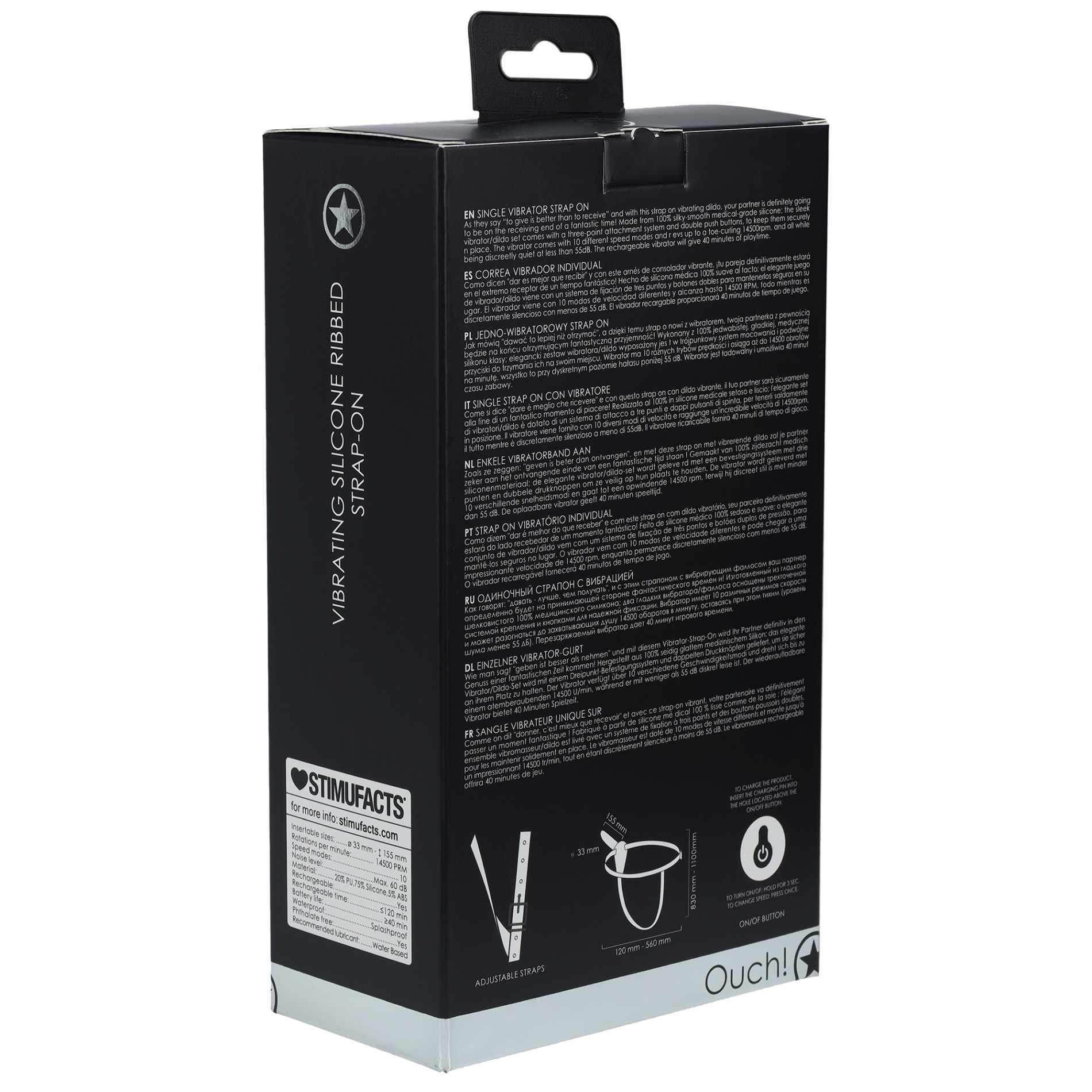 Ouch! - Vibrating - Rechrgeable - 10 Speed Silicone Ribbed Strap-On