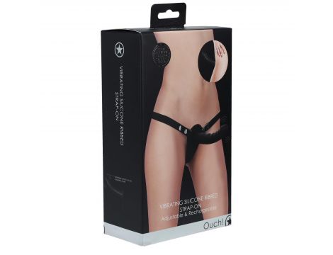Wibrujący strapon silikonowy Ouch żebrowany regulowany czarny 15,5 cm