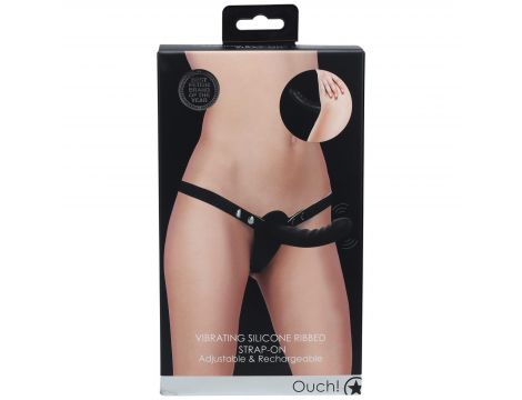Wibrujący strapon silikonowy Ouch żebrowany regulowany czarny 15,5 cm - 3