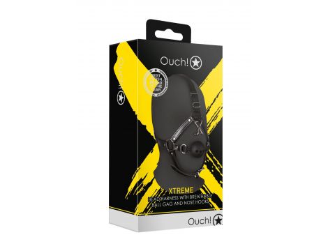 Uprząż głowowa z oddychającym kneblem i haczykami na nos Ouch! czarna - 2