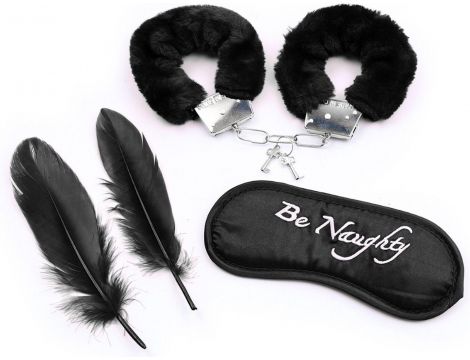 Zestaw bondage Fetish Fever mankiety maska piórka czarny 4 sztuki - 3