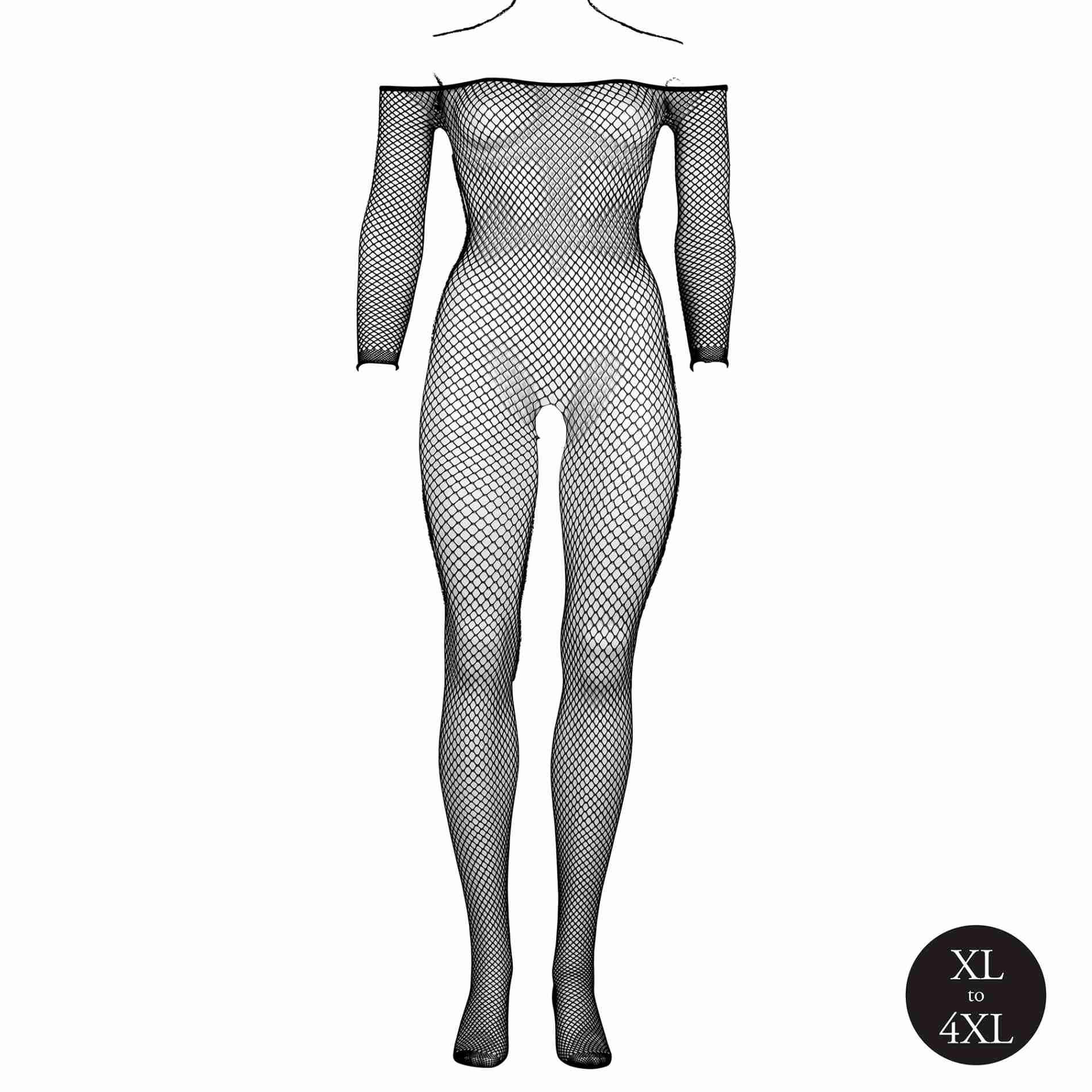 Bodystocking With Off Shoulder Neckline, Fishnet Structure And Open Crotch.