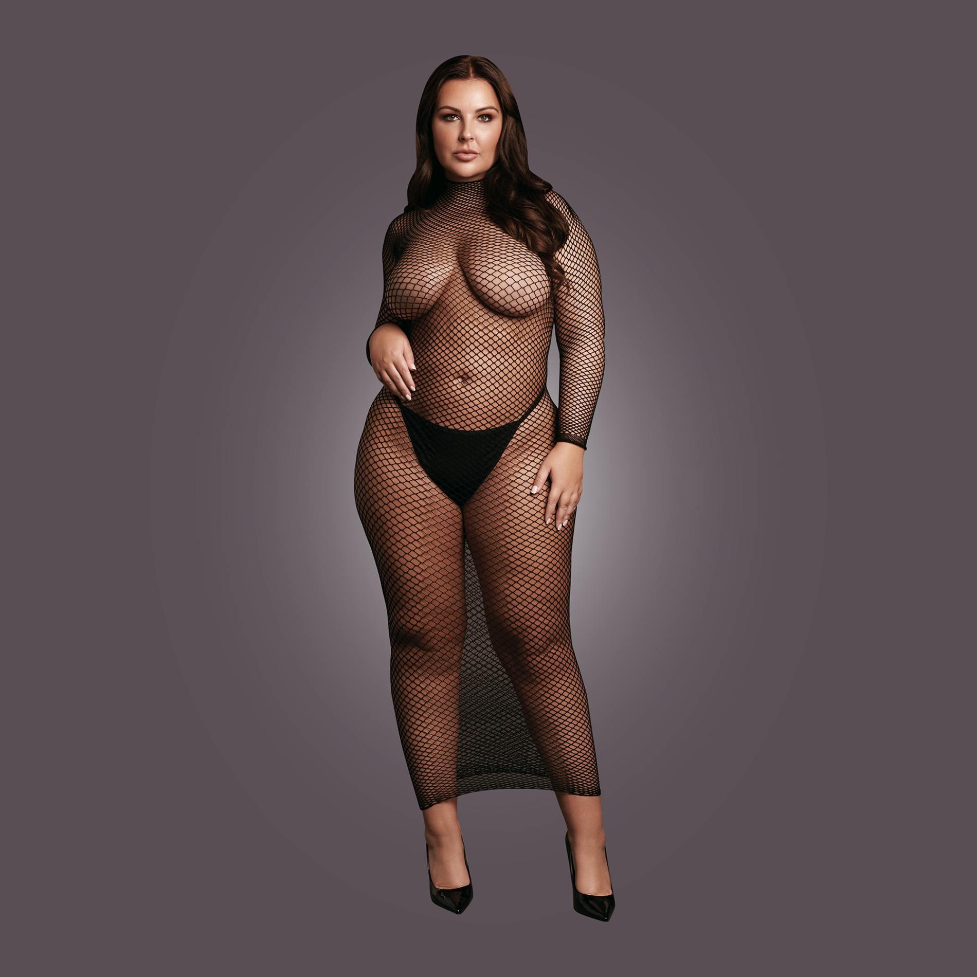 long dress with fishnet structure and turtle neck.
