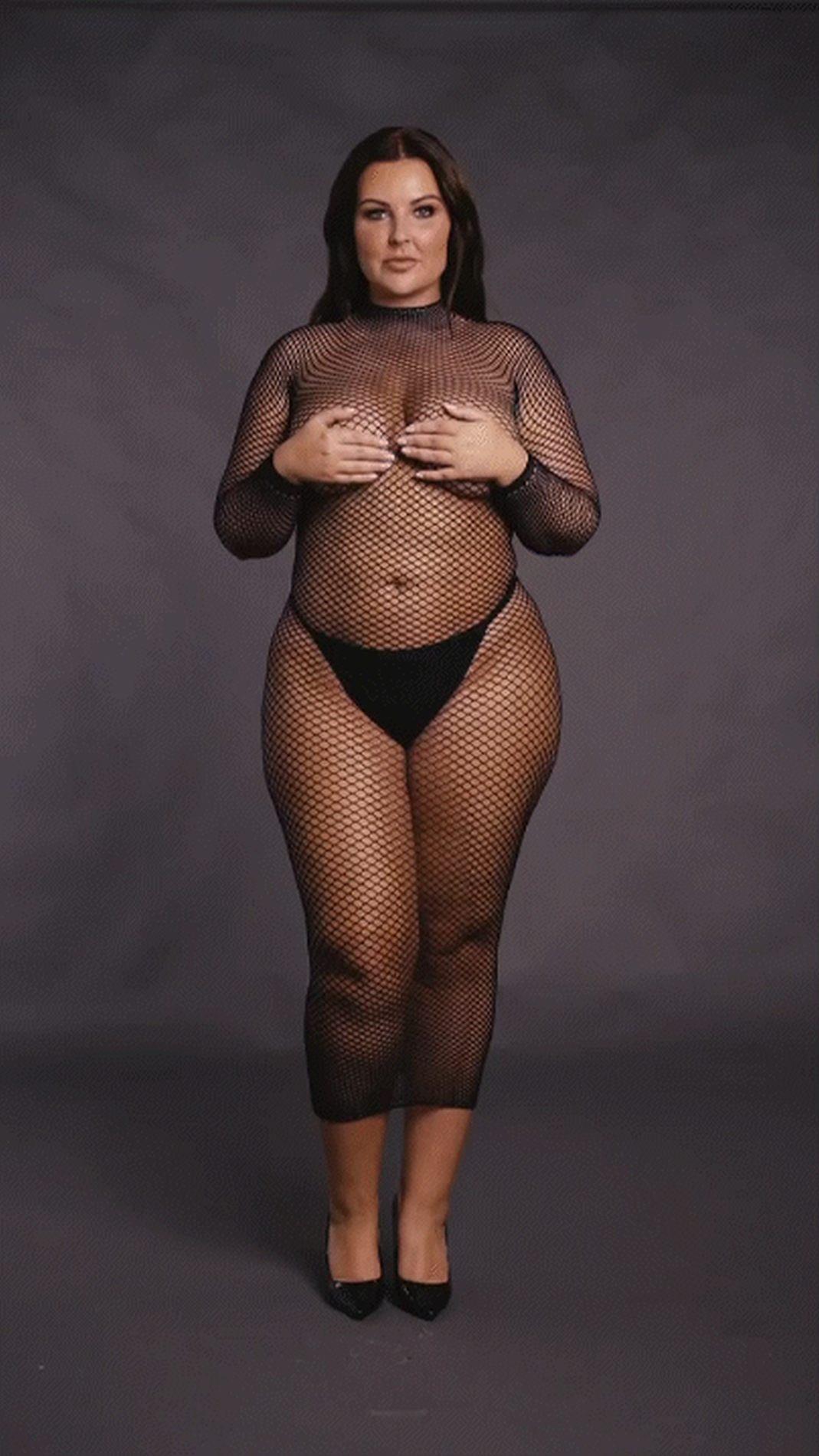 long dress with fishnet structure and turtle neck.