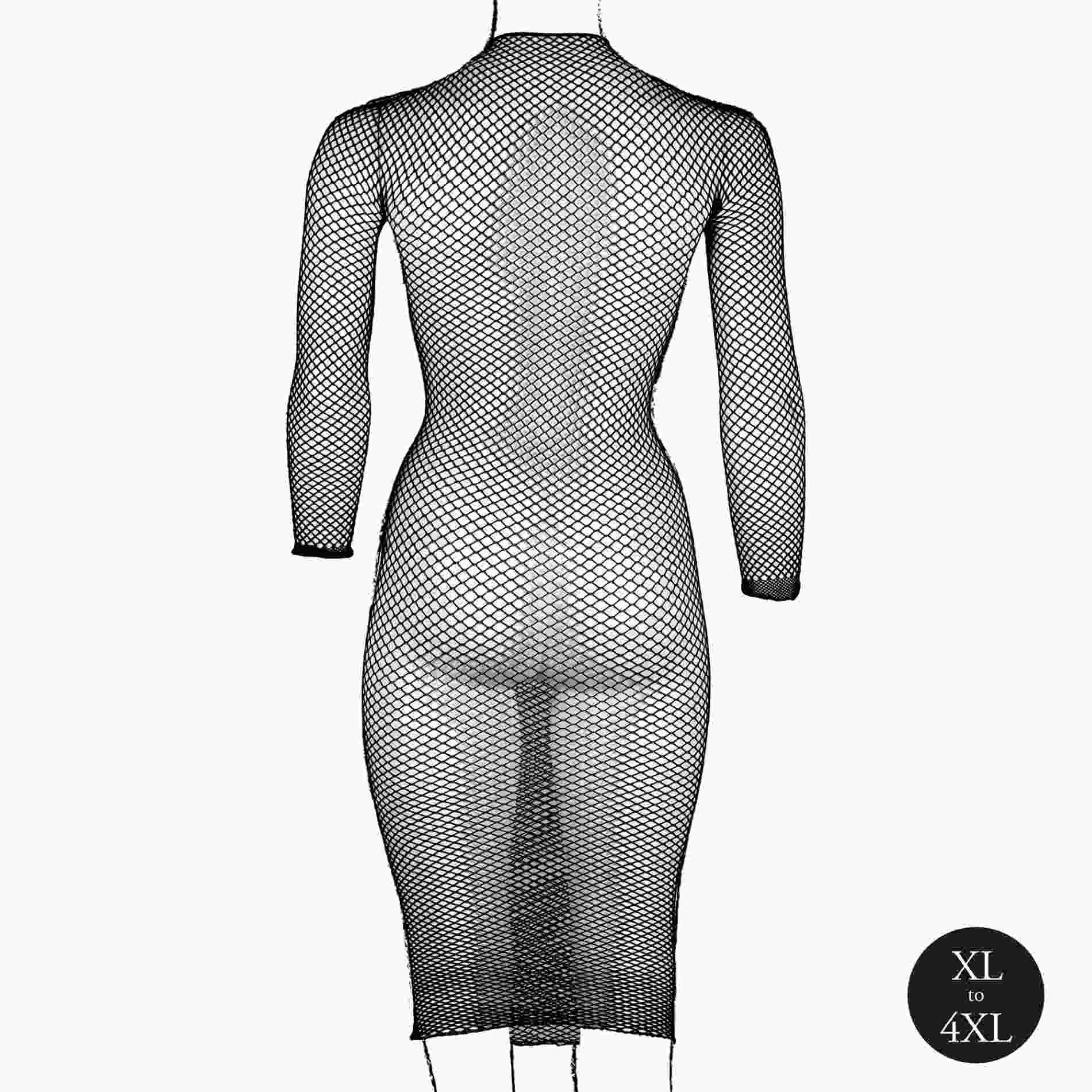 long dress with fishnet structure and turtle neck.