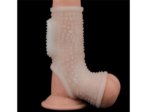 Wibrujący pierścień erekcyjny Lovetoy z rękawem mosznowym biały 13 cm - 3