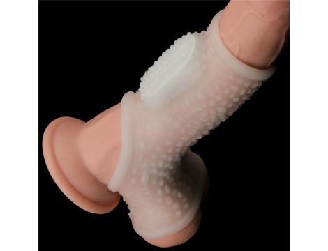 Wibrujący pierścień erekcyjny Lovetoy z rękawem mosznowym biały 13 cm - 5