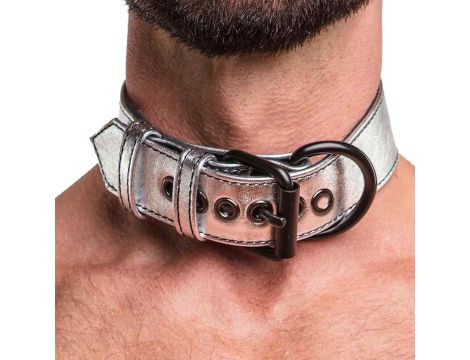 Bondage Fetish Metallic Pup Collar With Leash - 3