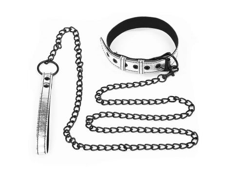 Bondage Fetish Metallic Pup Collar With Leash