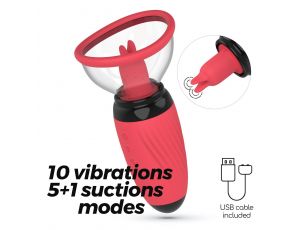 Stymulator z ssaniem i wibrującymi językami Crushious Scarlet USB