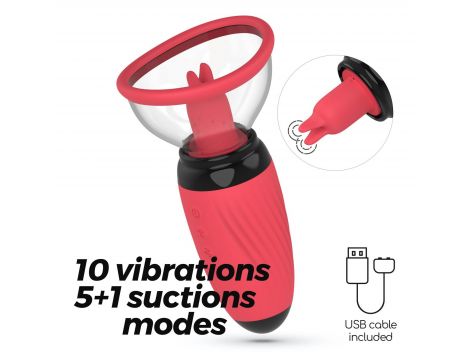 Stymulator z ssaniem i wibrującymi językami Crushious Scarlet USB