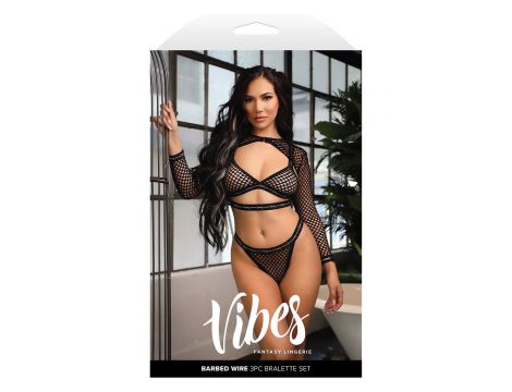BARBED WIRE FISHNET BRALETTE, LONG SLEEVE SHRUG & PANTY, S/M - 2