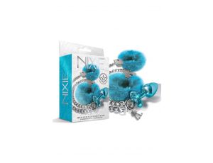 NIXIE METAL BUTT PLUG & FURRY HANDCUFF SET, MEDIUM,Â BLUE METALLIC