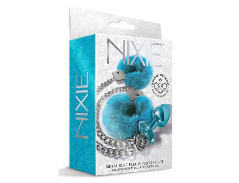 NIXIE METAL BUTT PLUG & FURRY HANDCUFF SET, MEDIUM,Â BLUE METALLIC - 4