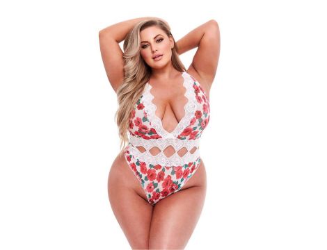 WHITE FLORAL & LACE TEDDY, XL - 2