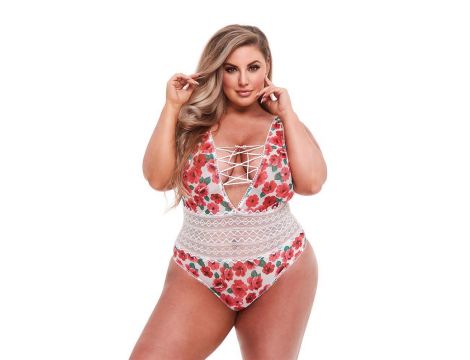 WHITE FLORAL & LACE TEDDY, XL