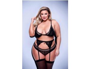 3PC LACE & MESH BRA, GARTER & PANTY SET BLACK, QUEEN