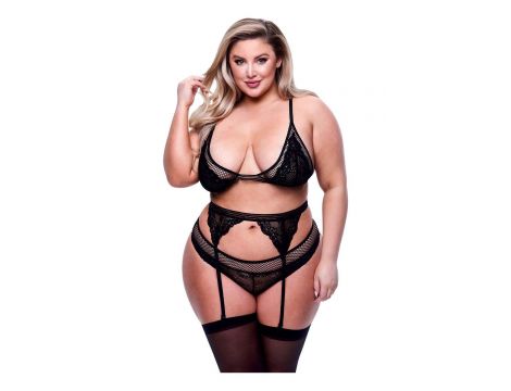 3PC LACE & MESH BRA, GARTER & PANTY SET BLACK, QUEEN - 2