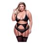 3PC LACE & MESH BRA, GARTER & PANTY SET BLACK, QUEEN - 3