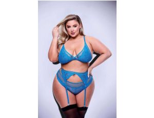 3PC LACE & MESH BRA, GARTER & PANTY SET BLUE, QUEEN