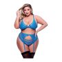 3PC LACE & MESH BRA, GARTER & PANTY SET BLUE, QUEEN - 3