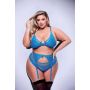 3PC LACE & MESH BRA, GARTER & PANTY SET BLUE, QUEEN - 2