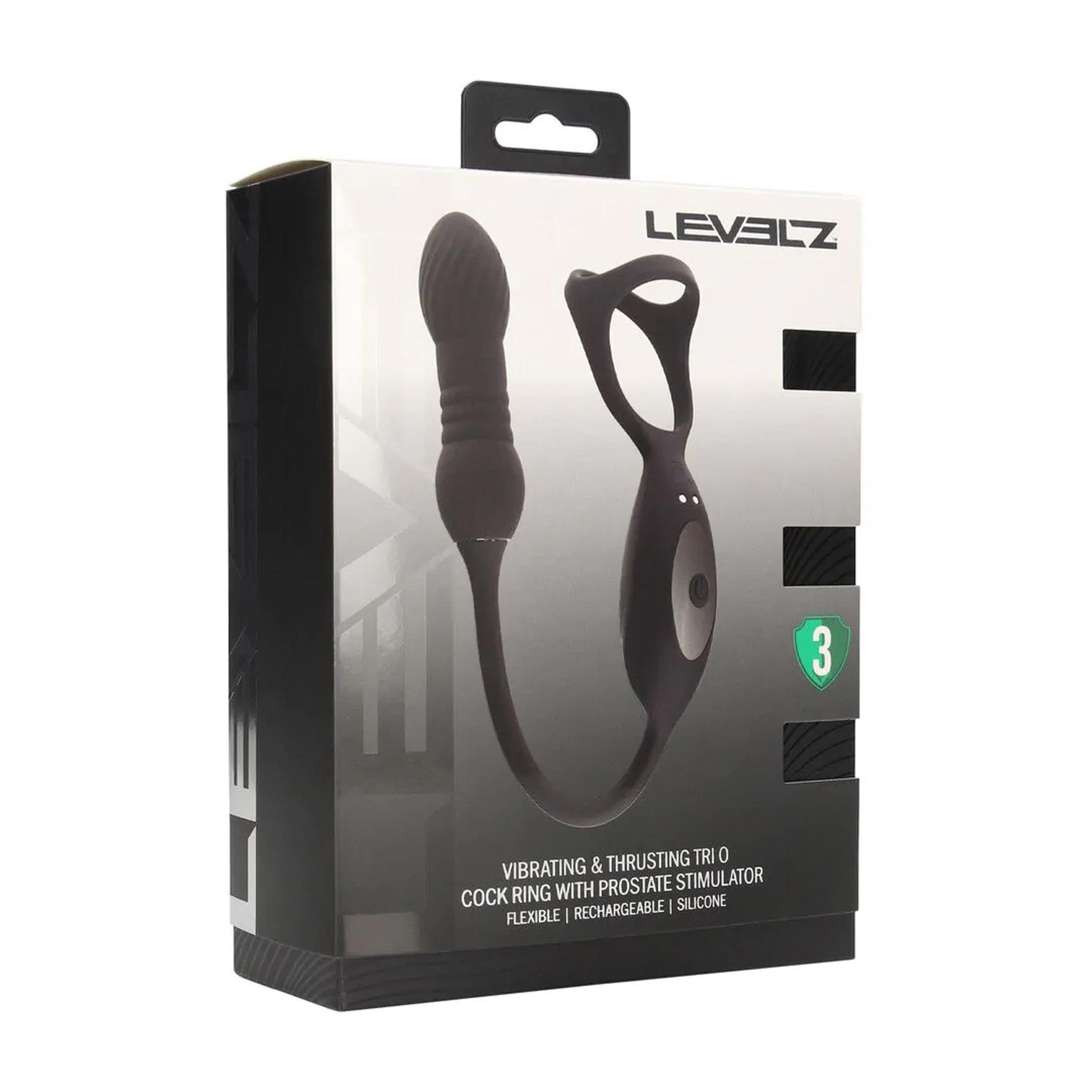 Vibrating and Thrusting Silicone Tri O Cockring with Prostate Stimulator - Black