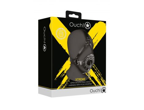Open Mouth Gag Head Harness with Plug Stopper - Black - 3