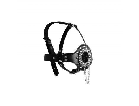 Open Mouth Gag Head Harness with Plug Stopper - Black - 12