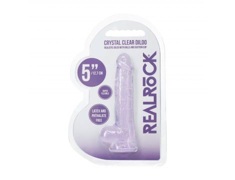 Dildo realistyczne z jądrami RealRock Crystal Clear fioletowe 13 cm